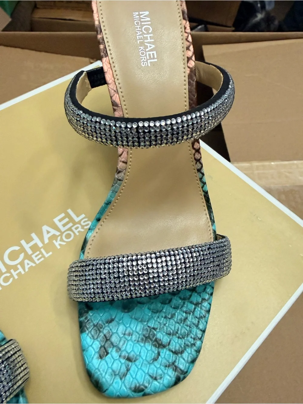 Michael Kors Turquoise Snake-Print Crystal-Strap Heels